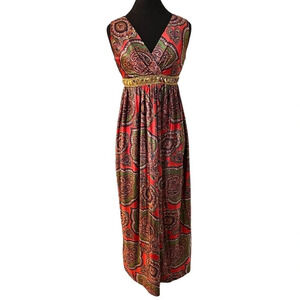 Vintage 1960s Paisley Jersey Red Gold Goddess Dress XS